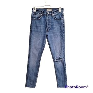 Free People We The Free Button Fly Stella Skinny Rip Raw Hem Blue Jeans Size 25